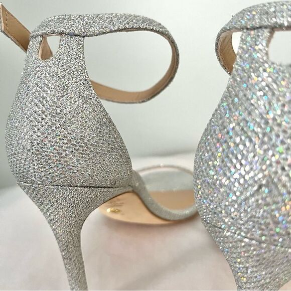 Stuart Weitzman's Nudistcurve Shimmery Ankle Strap Sandals Silver Size 6.5B NIB - Picture 10 of 14